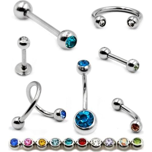 Showlove-10PCS Mixed Color Gem Labret Ring Lip Stud Ear Cartilage Helix Tongue Barbell Barbell Ring Belly Ring Piercing Jewelry
