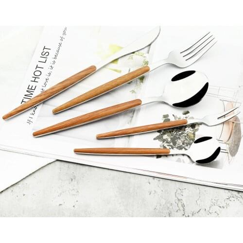 Western Stainless Steel Dinnerware Vintage Wooden Handle Cutlery Set Knife Tea Spoon Fork Silverware Tableware Set Dropshipping