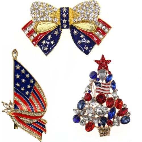 Rhinestone Bling Enamel Patriotic Brooch Bowknot American Flag Christmas Tree Jewelry Gift Brooch Pin