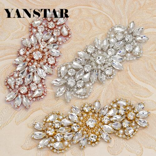 YANSTAR 30PCS Wholesale Rhinestones Appliques Patch For Wedding Dress Belt Clear Rose Gold Crystal Iron On For Bridal Sash YS847