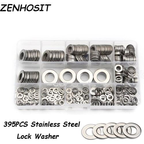 ZENHOSIT 395pcs M4/M5/M6/M8/M10/M12 304 Stainless Steel Plain Washer Metric Insulated Metal Screw Flat Washer Gasket Kit