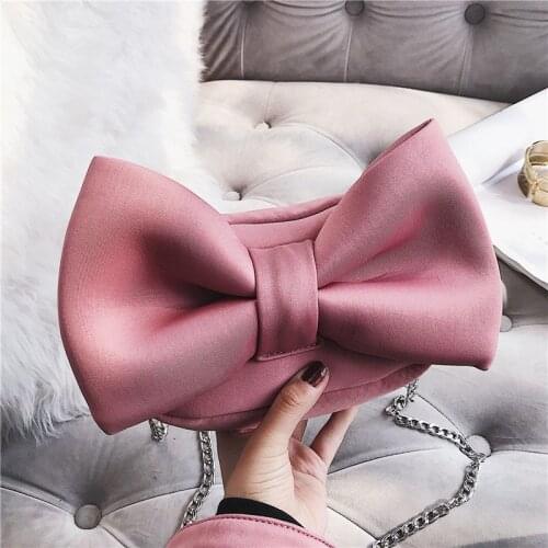 Women Mini Small Shoulder Bag Big Bow Design Canvas Handbag Evening Clutch Bags Purse Ladies Fashion Chains Crossbody Hand Bag