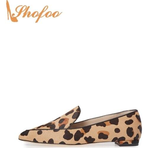 Brown Leopard Prints Flock Flats Women Large Size 13 15 Ladies Casual Summer Shoes Slip On Loafers Pointed Toe Fashion Shofoo