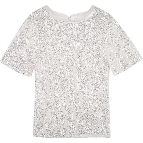 PERHAPS U Pink White Sequin Stitching Mesh Short Sleeve O Neck Short Sleeve Loose T-shirt Casual Women Female B0445