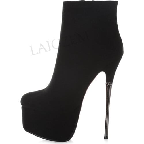 LAIGZEM SUPER Women Ankle Boots Metal Stilettos High Heels 15cm Platform Boots Black Suede Night Club Fashion Ladies Zip Shoes