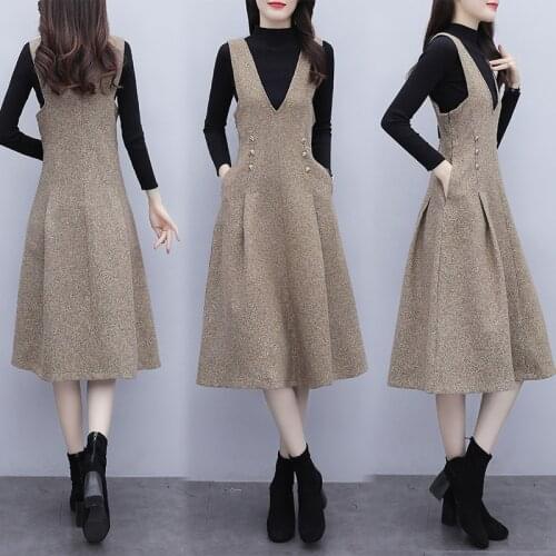 Womens Autumn Winter Sweater Top Dress Set Clothes Party Slim Casual Loose Long SLeeve Top+Strap Dress Birthday Outfits For Lady