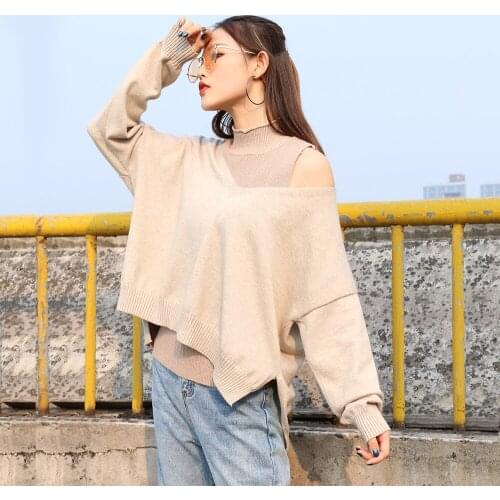 Women Autumn Winter Sweater 2 Piece Set Sexy Off shoulder Loose Bat Sleeve Knit Pullover + Slim Stand Collar Kintted Tank Top