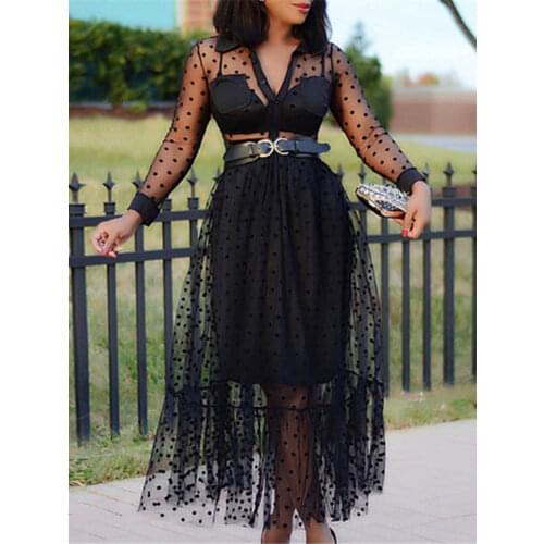 Women Black Mesh Two Pieces Set Polka Dot See Through Transparent Shirts Tops Tulle Skirts Lining Elastic Waist Pleated Jupes
