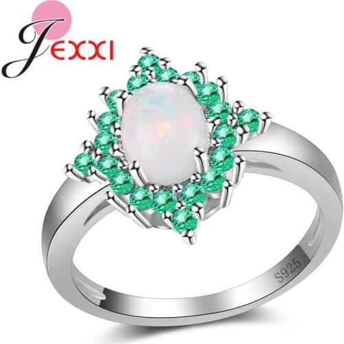 Genuine 925 Sterling Silver Cream White Fire Opal Ring With Green Rhinestones Women Wedding Anniversary Christmas Gifts