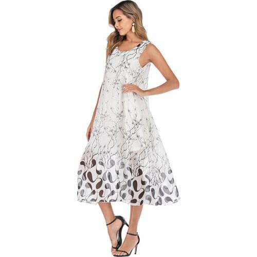 Women Floral Printing Round Neck Suspender Dress Leisure Loose Sleeveless Dresses Ladies Clothes Holiday Beach Vestidos