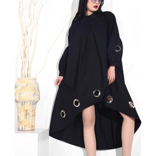 2020 New Spring Round Neck Long Sleeve Solid Color Black Metal Ring Big Size Hollow Out Dress Women Fashion Tide