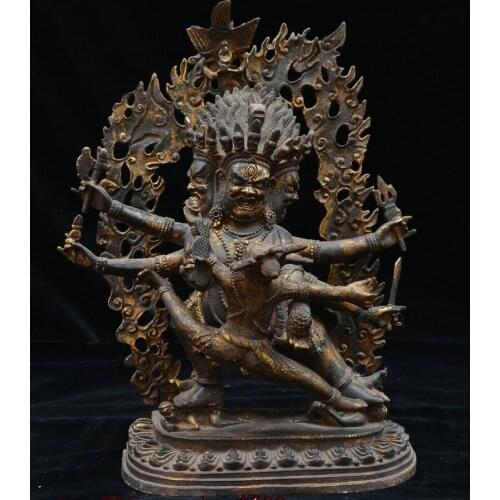 12" Tibet Bronze Gilt Mahakara Mahagora Mahakala Wrathful Deity Kwan-yin Statue