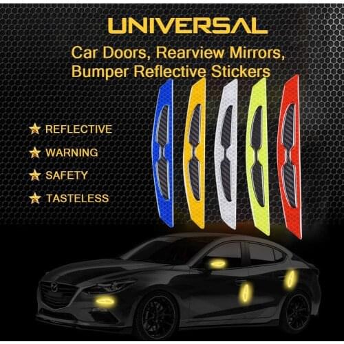4pcs Car Door Waist Line Reflective Strips Door Edge Mirror Bumper Protective Film Night Safety Warning Protector Stickers Decal