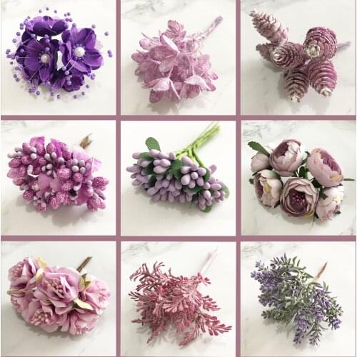 6/8/10/12/50/70/90pcs Mix Purple Flower Cherry Stamen Berries Bundle DIY Christmas Wedding Cake Gift Box Wreaths Decor