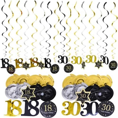 8Pcs Ceiling Hanging Decor 18 21 30 40 50 60 Black Gold Spiral Garland PVC Swirl Banner Happy Birthday Party Decoration Supplies