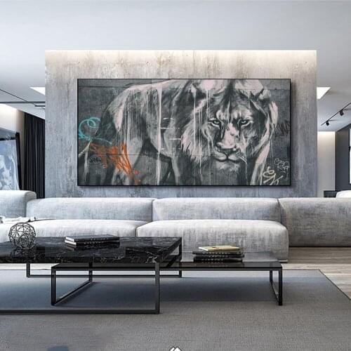 Abstract Black White Lion Canvas Painting Animal Graffiti Art Posters and Prints Wall Art Pictures for Living Room Home Decor