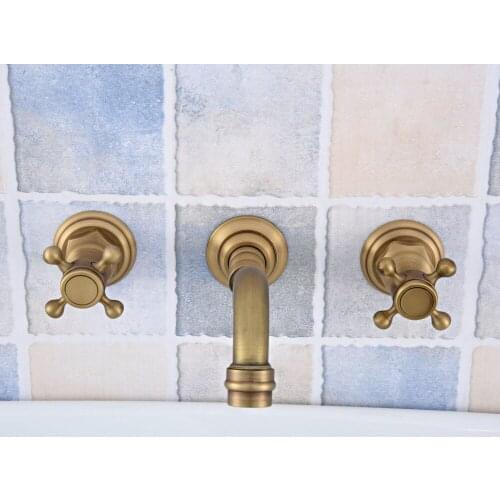 Antique Brass Dual Cross Handles Widespread 3 Holes Wall Mounted Bathroom Tub Sink Basin Faucet Sink Mixer Tap msf527