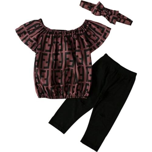 Girls' One-word Collar Off-shoulder Letter Printed Blouse And Trousers Three-piece Childrens Clothing Boutique Clothing