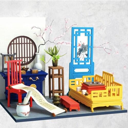 DIY Creative Dollhouse with Furniture Wooden Ancient Traditional Vintage Architecture House Craft Doll House Toys for Girls