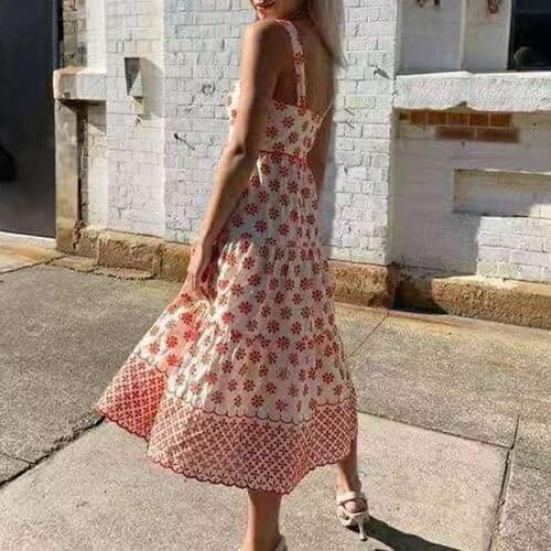 Beach Summer Women 2021 Runway Fashion Spaghetti Flower Embroiery Elegant Ruffles Long Party Holiday Dress
