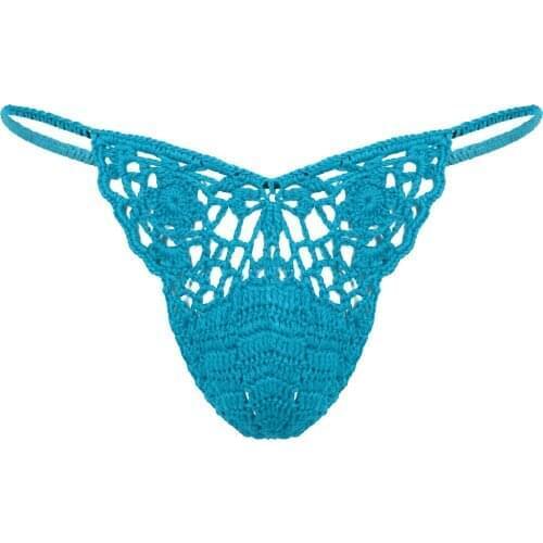 Mens Handmade Crocheted G-String Underwear Hollow Out Bulge Pouch Briefs Elastic Waistband T-Back Thong Sexy Sunbathing Swimwear