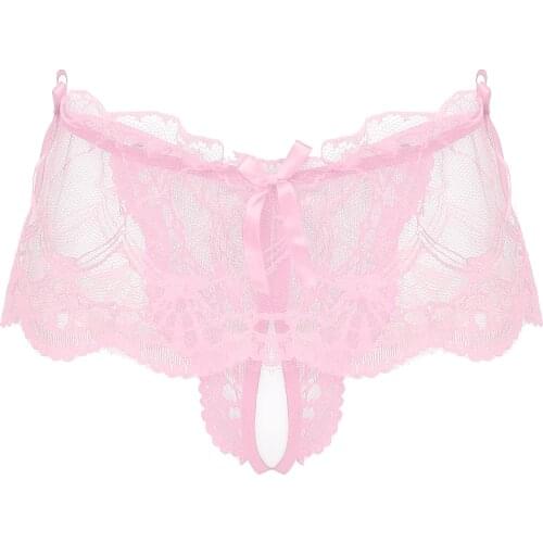 Mens Transparent Lace Bowknot Skirted Lingerie Underpants Low Rise Elastic Waistband Panties Crotchless G-string T-back Thongs