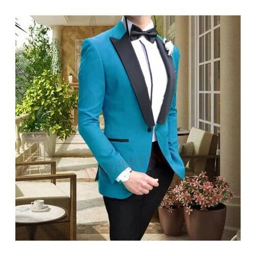 ANNIEBRITNEY 2020 Mens Suit 2 Piece Casual Lake Blue Prom Wedding Suits for Groom Slim fit Tuxedo Business Blazer with Pants Set