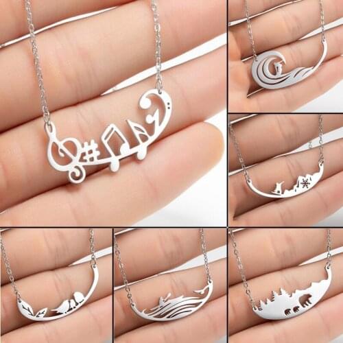 Musical Note Surfing Kayaking Snowboard Bear Bird Pendant Necklace for Men Women Charm Stainless Steel Birthday Sport Jewelry