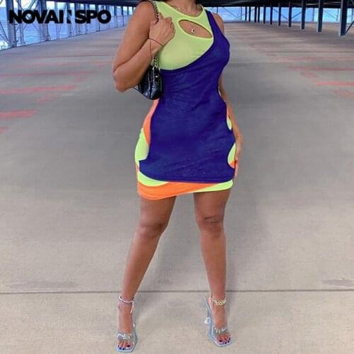NOVAINSPO Hollow Out Mesh Color Blocking O Neck Mini Dresses Fashion See Through Transparent Sleeveless Light Dress One Piece
