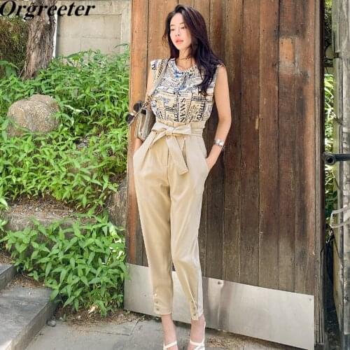 New Arrival OL Two-piece Pants Suit Female 2021 Summer Korean Temperament Letter Print Chiffon Shirt Lace-up Pencil Pants Suits
