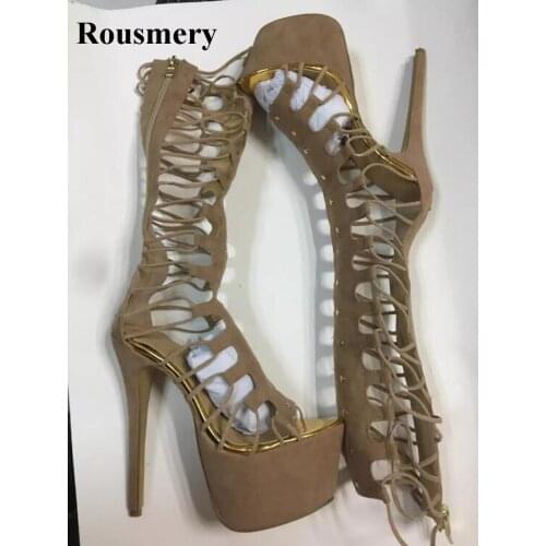 New Arrival Women Sexy Lace-up Suede Leather Knee High Platform Gladiator Boots Cut-out Long High Heel Sandal Boots