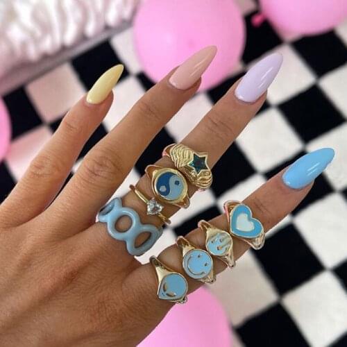 Punk Vintage Enamel Flame Rings Alien E.T For Women Girls Retro Gold Color Drip Oil Clouds Flowers Rings Jewelry Gift 2021 New