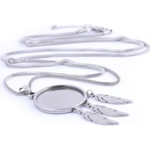 5pcs Stainless Steel Pendant Cabochon Base Setting Trays 80cm Long Chain Necklace Bezel Blanks with feather charms for jewelry