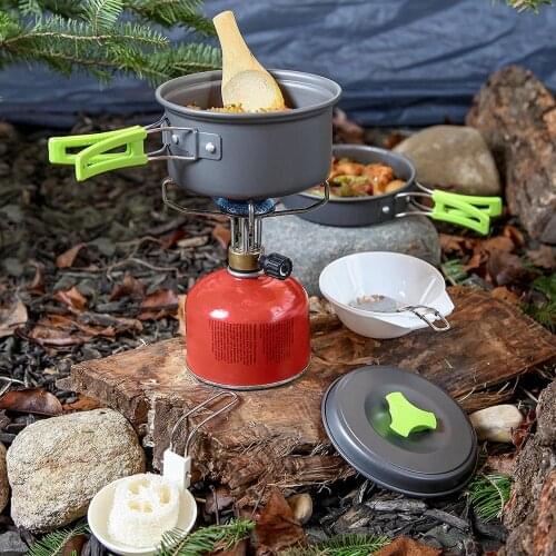 Portable Cookware Set Backpacking Gas Butane Propane Canister Cooking Stove Set Pot Pan Bowl Picnic BBQ Tableware