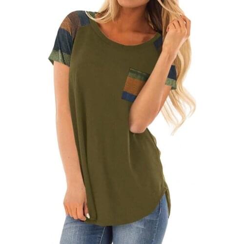 Women Stripe Pocket Patchwork Round Neck Loose Short Sleeve T-shirt Top Round Neck Loose Short Sleeve Tshirts Top