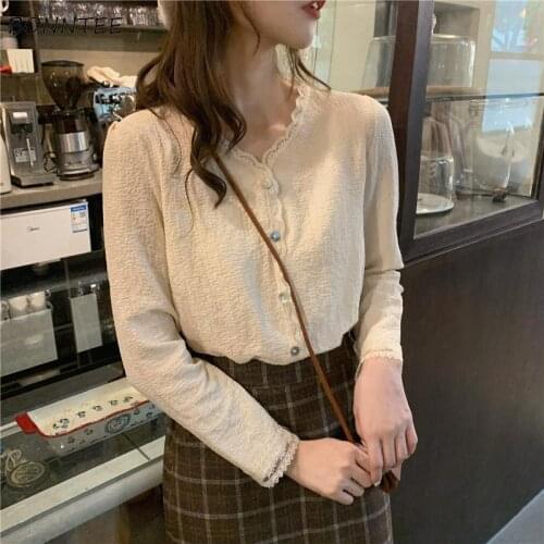 Shirts Women Autumn Lace Single Breasted V-neck Loose Sweet Elegant Lady Vintage French Style Chic Casual Blouses Tops Female
