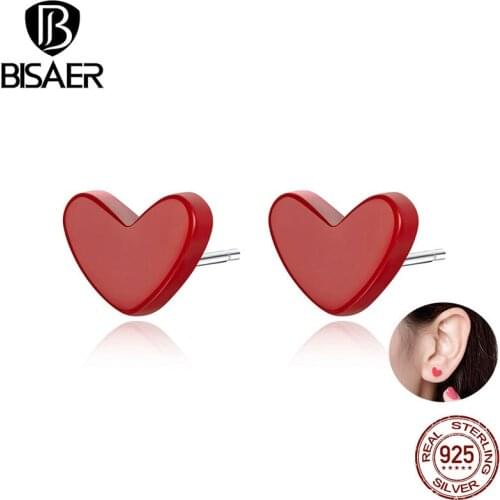 BISAER Red Heart Earrings 100% 925 Sterling Silver Heartbeat Shape Small Stud Earrings for Women Fashion Brincos Jewelry ECE595
