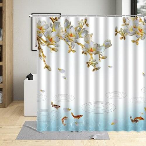 Chinese Style Shower Curtains Flower Plant Koi Scenery Illustrator Bathroom Curtain Waterproof Home Decor Cloth With Hooks