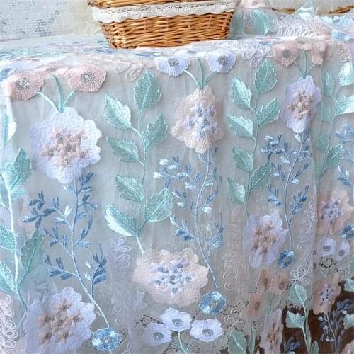 Blue Flower Leaf Sequin Lace Fabric Color Mesh Embroidery Sequin Clothing Wedding Dress Cloth VXZ140938