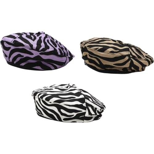Women Autumn Zebra Striped Printed Cotton Beret Cap Flat Top Elegant Vintage Painter Adjustable Pumpkin Beanies Hat