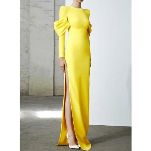 New Arabic Dubai Sheath Column Elegant Formal Evening Dress Jewel Neck Long Sleeve Split Front Yellow Prom Gowns vestidos