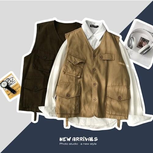 Cargo Mens Vest Casual Oversized Harajuku Men Waistcoat Solid Sleeveless Steampunk Outwear Vests Retro V-Neck Pocket Gilet