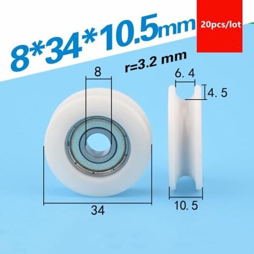 20pcs U groove Plastic coated bearing 608ZZ 8*34*10.5mm 0834UU bathroom door window POM roller track guide wheel nylon pulley