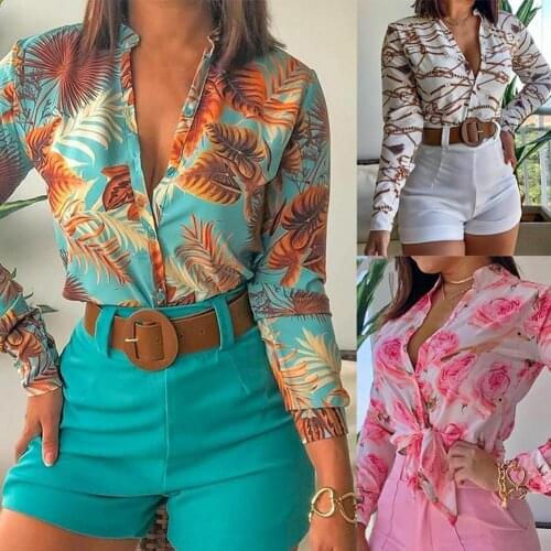 2021 Women Elegant Fashion Shirt Retro Casual Breathable Long Sleeves Buttons Printed Shirts for Travel Womens Tops Plus Size