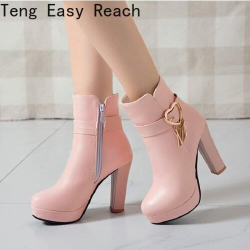 White Ankle Boots Women Platform Short Boots Shoes Fashion Buckle High Heels Pink Autumn Winter Womens Ankle Boots Large Size43