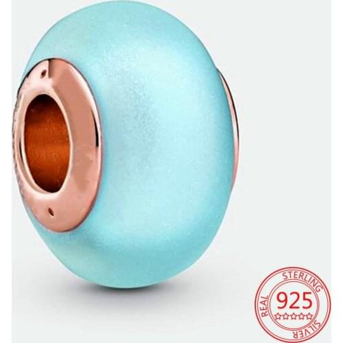 Real S925 Sterling Silver Matte Blue Murano Glass Beads Charm Fit Original Pandora Bracelet for Women DIY Fashion Jewelry Gift