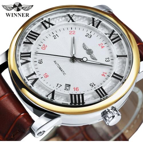 Winner 2021 Fashion White Golden Clock Date Display Leather Belt Urban Automatic Mechanical Watch Mens Watches Top Brand Luxury