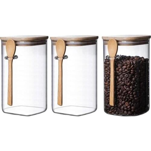 Hot-3Pcs Clear Square Glass Storage Jar with Bamboo Lids with Bamboo Spoons - Airtight Food Jars - Glass Kitchen Containers
