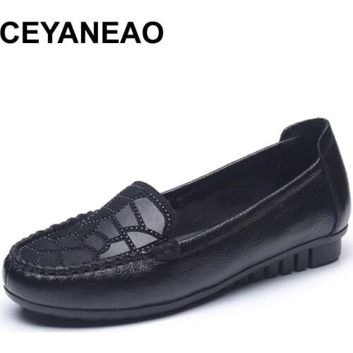 CEYANEAOSpring Autumn High Quality Cow Leather Rhinestones Flat Loafers Women Soft Sole Comfortable Breathable Slip-OnShoesE2121