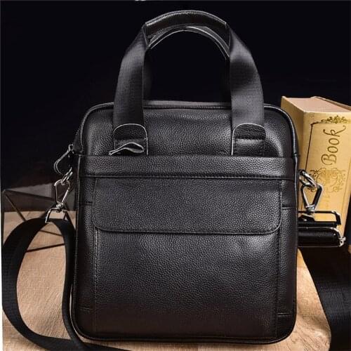 Men Top Handle Bag Male Genuine Leather Handbag Black Travel Cowhide Leather Shoulder Bag for Tablet Men Office Briefcase Totes
